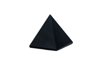 Fototapeta premium Black pyramid made of obsidian stone. Isolated on white background