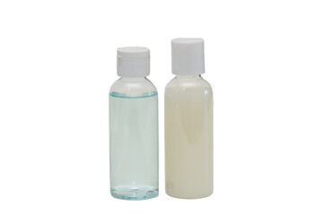 Plastic cosmetic travel bottles with lids. Container bottle for shampoo and gel. Isolated over white background
