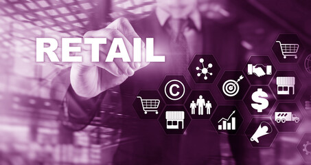 Retail Technology Communication Shopping Virtual Screen Concept. Marketing Data management. Futuristic Online shopping. Abstract Background