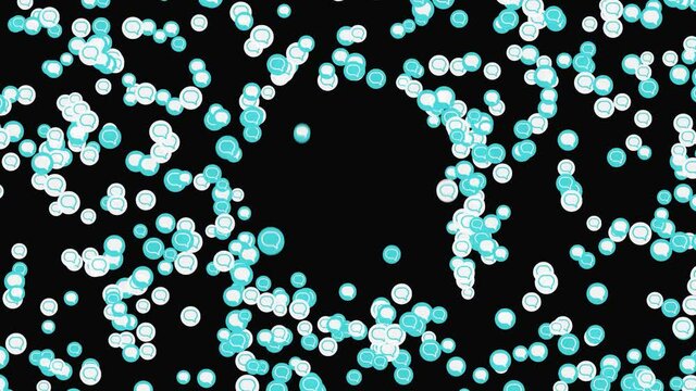 Abstract cloud with light blue and white dialog symbols moving on black background. Animation. Small icons forming an empty round space in the center of a screen.