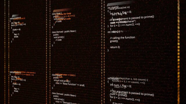 Abstract three columns with coding programs on black background, seamless loop. Animation. Concept of computer language and IT technologies.