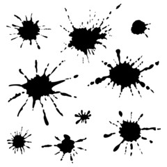 Set of paint splashes. Black blots collection. Silhouettes of ink spots. Template for brushes and shapes. Outlines of prints on white. Abstract geometric patterns in vector.