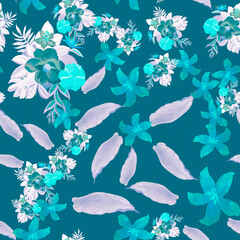 Blue Seamless Palm. Cobalt Pattern Design. Indigo Tropical Nature. Violet Decoration Leaves. Purple Drawing Textile. Navy Wallpaper Art. GaGarden Exotic.