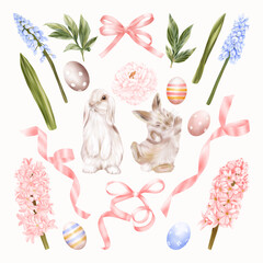 Easter Bunnies, Rabbits With Blue And Pink Flowers hyacinths, peony, Ribbons And Bow

