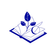 Simple minimalistic creative isometric icon. Opened medicine book with herb and pharmacy drug