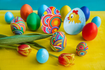 Easter eggs and Easter bunny. With space for the text. Background for the site.