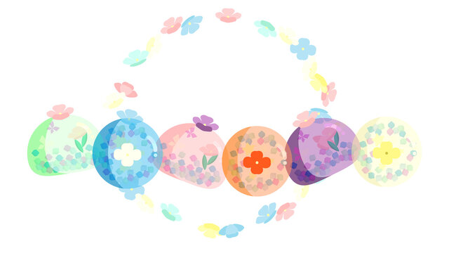 桃色・緑色・オレンジ色・青色・白色・紫色の夏らしい透け感のある花と蝶々の和菓子を並べて｜Japanese sweets of pink, green, orange, blue, white, purple summer-like transparent flowers and butterflies are lined up