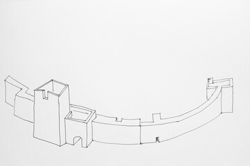 Sketch of the part of a huge stronghold or fortress done by ink on paper