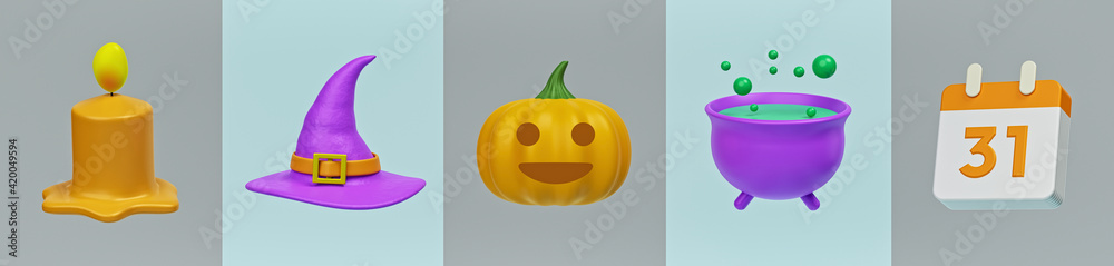 Poster minimal halloween icons set. simple symbols collection banner. 3d rendering