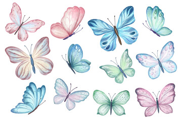 Set of butterflies isolated on white background. Watercolor. Illustration. Template, blue, yellow, pink and red butterfly spring illustration. - 420049511
