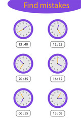 What time is it, find mistakes. game with clocks for children, fun education for kids, educational task for the development of logical thinking, preschool worksheet activity. - 420050306