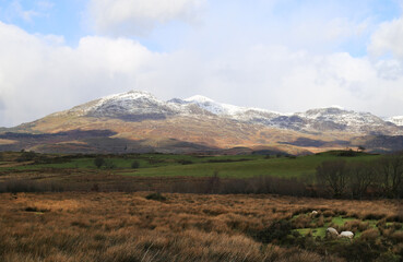 A view towards the mountains of the Snowdonia National Park in Wales, UK.