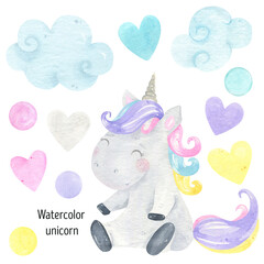 Watercolor unicorn illustration clipart, Nursery Clipart, cute, big dreams, clouds, stars, rainbow, magic, fairy tale