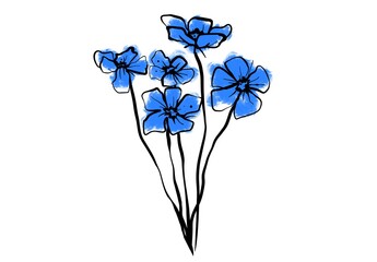 bouquet of blue flowers on a white background in ink