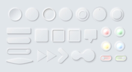 Various neumorphic interface design elements of light gray color, figures, arrows, buttons, switches and dialogue boxes for modern app's and sites 