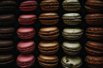 even rows of colorful bright macarons cookies in full screen for a dark background. assorted with...