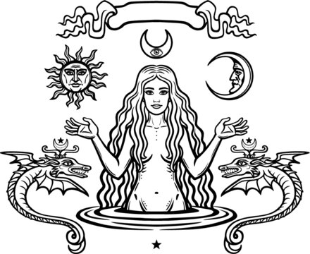 Set of alchemical symbols: young beautiful woman holds  sun and  moon in hand. Eve's image, fertility, temptation. Esoteric, mystic, occultism. Vector illustration isolated on a white background.