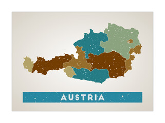 Austria map. Country poster with regions. Old grunge texture. Shape of Austria with country name. Neat vector illustration.