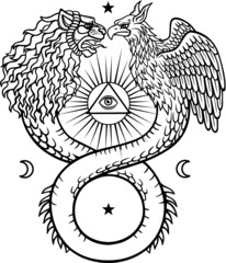 Image of fantastic animal ouroboros with a body of a snake and two heads of a lion and a bird. Sacred pyramid, all-seeing eye.  Vector illustration isolated on a white background. - obrazy, fototapety, plakaty