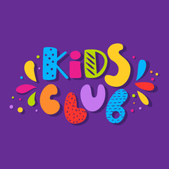 Lettering kids club logo playground,kids zone icon,children sign,childhood symbol.Design template bright logotype kids club,shop,toys store,children play,baby center or trampolines.Vector illustration