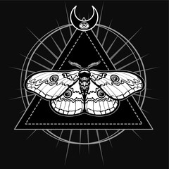 Magic moth. Esoteric symbol, sacred geometry. Monochrome drawing isolated on a black background. Vector illustration. Print, posters, t-shirt, textiles.