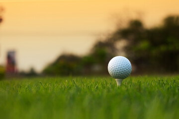 golf ball on tee in a beautiful golf course with morning sunshine