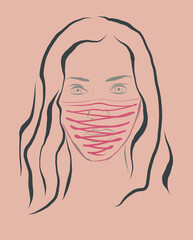 Illustration of a face of a beautiful girl with long hair with a face mask on a pink background. Line drawing of a young woman.