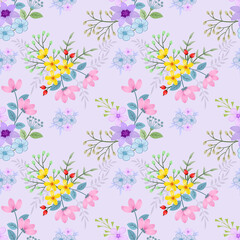 Fototapeta na wymiar Floral seamless pattern with purple monochrome background for fabric, textile, and wallpaper.