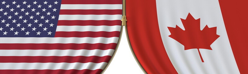 United States and Canada political cooperation or conflict, flags and closing or opening zipper, conceptual 3D rendering