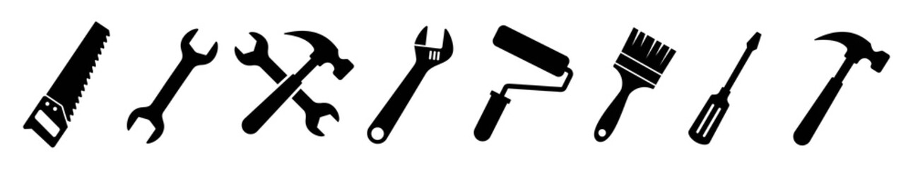 Tool icon set. Instrument symbol, wrench, hammer, handsaw, paint brush, screwdriver, adjustment wrench, Vector illustration