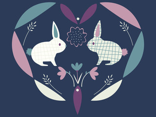 Isolated decor elements with rabbits and floral motif.Heart pattern with bunnies, spring easter motif