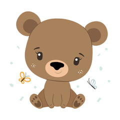 Cute bear with butterfly. Hello spring. Vector illustration.
