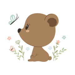Cute bear with butterfly. Hello spring. Vector illustration.