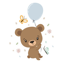 Cute bear with balloon and butterflies. Hello spring. Vector illustration.