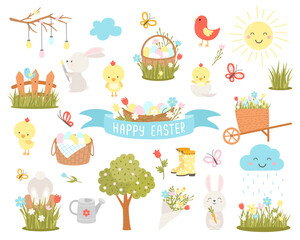 Set of Easter design elements. Easter cartoon characters and floral elements. For holiday decoration and spring greeting cards. Bunny, chickens, eggs and flowers. Vector illustration.