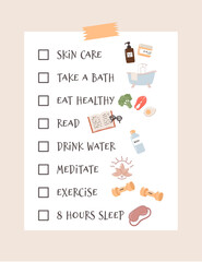 Self-care checklist and routine to do ideas. Includes relaxing, exercising, eating well, health, happiness, motivation, skin care, reading, sleeping. Vector illustration.