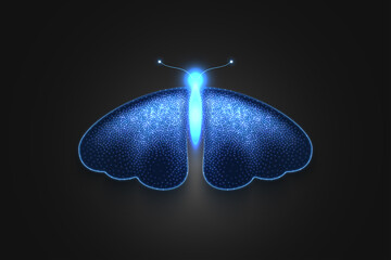 Magical blue butterfly, composed from light particles. Vector illustration.