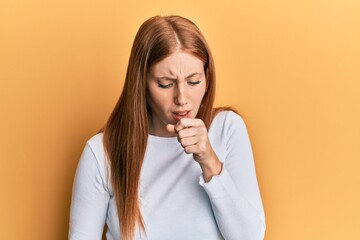 Young irish woman wearing casual clothes feeling unwell and coughing as symptom for cold or bronchitis. health care concept.