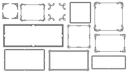 Set Black Simple Line Frame Collection Doodle Square Floral Frame Leaves Elements Vector Design Style Sketch Isolated Illustration For Banner