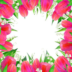 Tulips. Lilies of the valley. Square Border. Design element. Greeting card. Invitation.