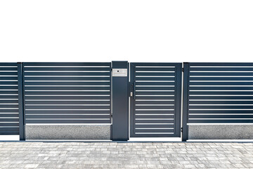 Modern panel fencing in anthacite color, visible wicket with videophone, isolated on white...