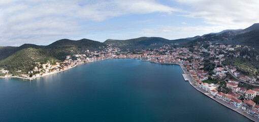 Obraz premium Aerial view the port of Vathy in Ithaca, Greece . Drone shot