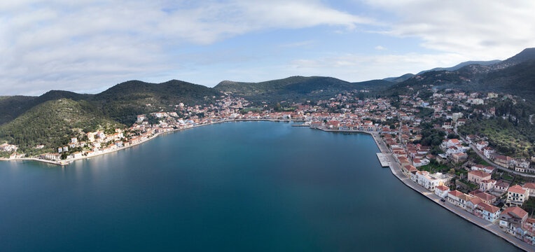 Aerial view the  port of Vathy in Ithaca, Greece . Drone shot