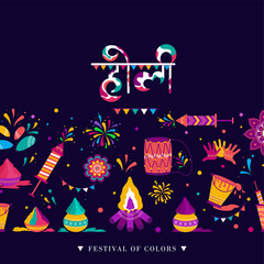 Happy holi doodle art ,icons elements design for celebration of festival of love and color. Banner, poster, header, packaging or cover illustration design.