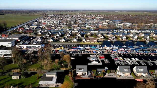 Aerial of the harbour of Scheendijk Loosdrechtse Plassen near Breukelen in The Netherlands. Waterways landscape.