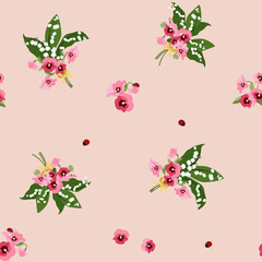 Seamless vector spring illustration with pansies, lily of the valley and ladybirds on a pink background.