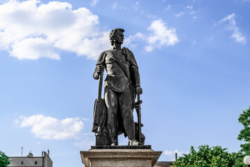 Fototapeta na wymiar Kherson, Ukraine - July 22, 2020: Monument of prince Grigory Potemkin-Tavricheski in Kherson, isolated on the blue sky, close-up. Sculpture of the founder of Kherson in Potemkin Square