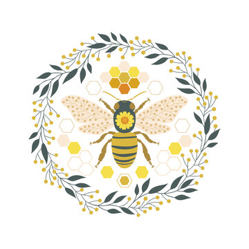 Ornate folksy floral bee in botanical wreath vector illustration isolated on white background. Decorative boho folk art honeybee insect symmetrical poster design. 