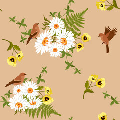 Seamless vector spring illustration with pansies, chamomile and birds on a beige background.