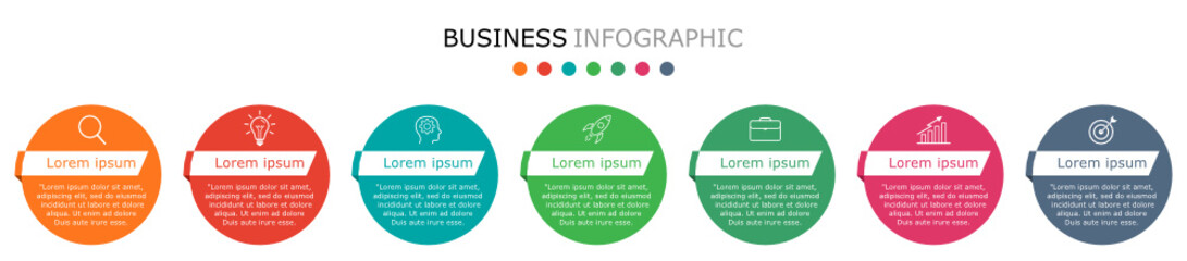 Business infographic Vector with 7 steps. Used for presentation,information,education,connection,marketing, project,strategy,technology,learn,brainstorm,creative,growth,abstract,stairs,idea,text,work.